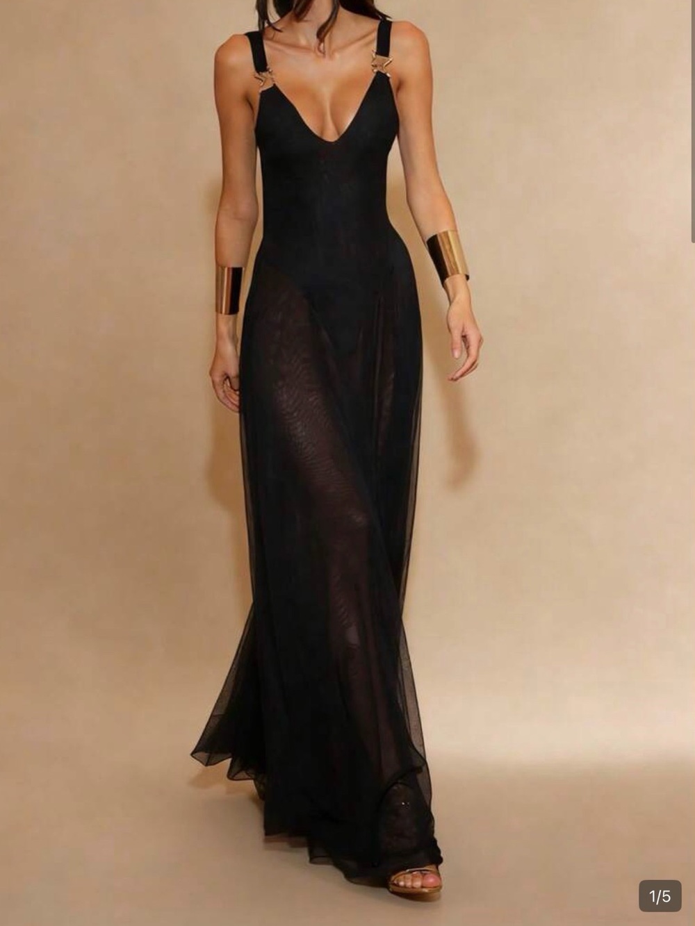 Black V-Neck Sheer Evening Gown - Picture 2 of 2